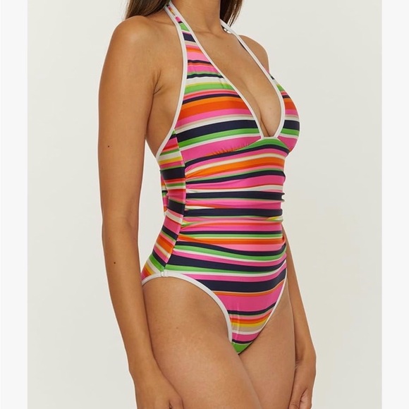 Trina Turk Striped Halter One Piece Swimsuit Size 6 Pink Multi - Picture 2 of 10